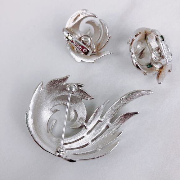 VTG Signed Crown TRIFARI Silver Tone Brooch Earrings Set MCM 50s-60s Clip-Ons - Picture 5 of 9